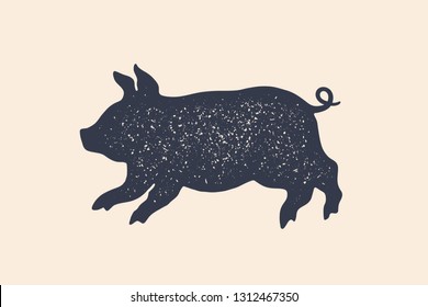 Pig, piggy. Concept design of farm animals - Piggy side view profile. Isolated black silhouette pig or piggy on white background. Vintage retro print, poster, icon. Vector Illustration