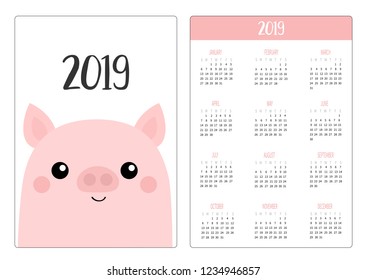 Pig piggy face head. Simple pocket calendar layout 2019 new year. Week starts Sunday. Cute cartoon character. Vertical orientation. Flat design. White background. Vector illustration