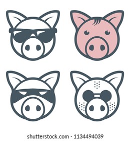 Pig piggy faces with sunglasses, vector illustration