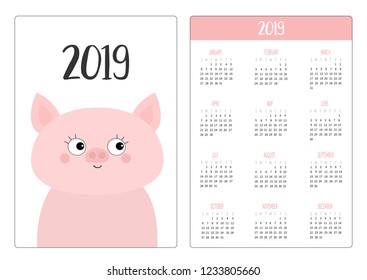 Pig piggy head face. Simple pocket calendar layout 2019 new year. Week starts Sunday. Vertical orientation. Cute cartoon character. Flat design. White background. Vector illustration