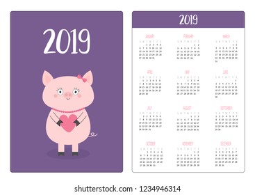 Pig piggy and heart. Simple pocket calendar layout 2019 new year. Week starts Sunday. Cute cartoon character. Vertical orientation. Flat design. Violet background. Vector illustration