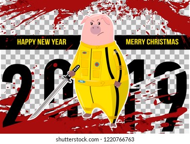 Pig. Piggy. Hog. Kung fu, karate kick. 2019 Chinese New Year symbol. Cartoon character isolated on white background. Colorful design for kids activity book, coloring page, colouring picture.