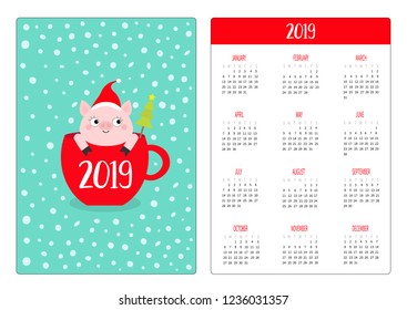 Pig piggy in red coffee tea cup. Santa hat, snow. Simple pocket calendar layout 2019 new year. Week starts Sunday. Cute cartoon character. Vertical orientation. Flat design. Blue background. Vector