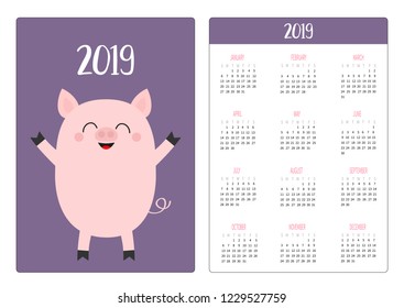 Pig piggy. Simple pocket calendar layout 2019 new year. Week starts Sunday. Cute cartoon character. Vertical orientation. Flat design. Violet background. Vector illustration