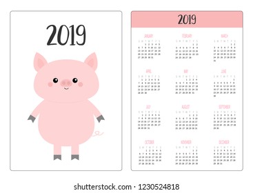 Pig piggy. Simple pocket calendar layout 2019 new year. Week starts Sunday. Cute cartoon character. Vertical orientation. Flat design. White background. Vector illustration