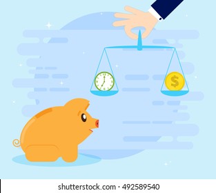 Pig piggybank making decision between time or money, time is money concept. Balancing Time and Money. Flat style