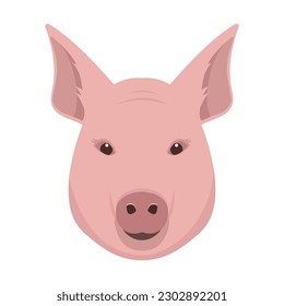 Pig or piglet face isolated on white background. Farm animal head icon. Vector flat or cartoon illustration.