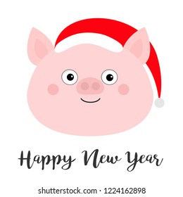 Pig piglet face in Santa red hat. Happy New Year. Cute cartoon funny baby character. Hog swine sow animal. Chinise symbol of 2019 new year. Zodiac sign Flat design White background Vector illustration