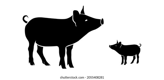 Pig With A Piglet. Isolated Black Silhouette Of A Pigs On A White Background. Vector Illustration