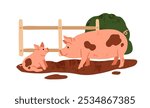 Pig and piglet playing in mud. Cute muddy farm animals, rural life. Domestic swine family in dirt, happy dirty swine mother and baby. Flat vector illustration isolated on white background