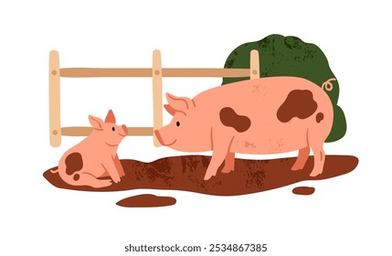 Cerdo y lechón jugando en el barro. Animales de granja lodosos lindos, vida rural. Familia porcina doméstica en la suciedad, madre porcina sucia feliz y bebé. Ilustración vectorial plana aislada sobre fondo blanco