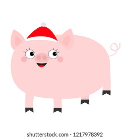 Pig piglet in Santa red hat. Cute cartoon funny baby character. Hog swine sow animal. Chinise symbol of 2019 new year. Zodiac sign. Flat design. White background. Isolated. Vector illustration