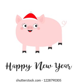 Pig piglet in Santa red hat. Happy New Year. Cute cartoon funny baby character. Hog swine sow animal. Chinise symbol of 2019 new year. Zodiac sign. Flat design. White background. Isolated. Vector