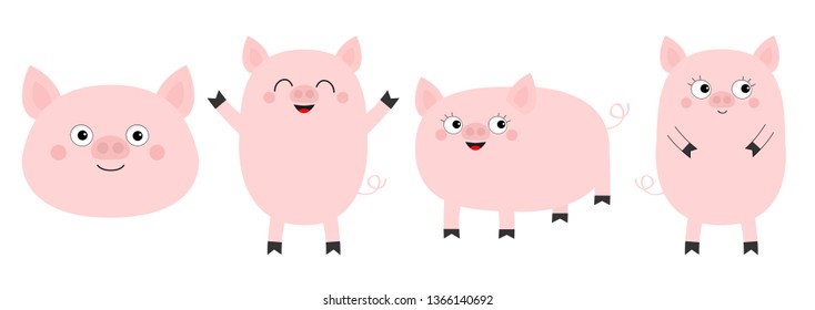 Pig piglet set line. Cute cartoon funny baby character.  