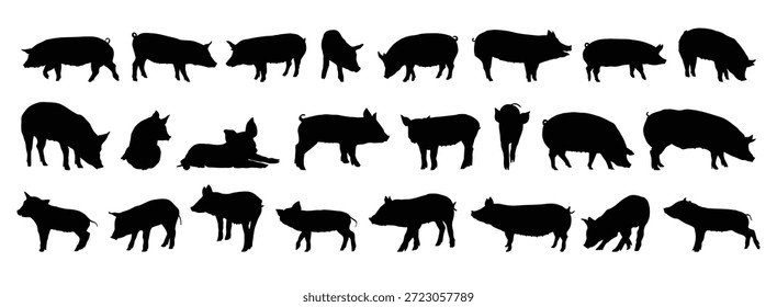Schwein und Ferkel Silhouette Set. Schwein und Ferkel isoliert Bauernhof Tier Silhouette Symbol Vektorgrafik Sammlung. Vektorgrafik
