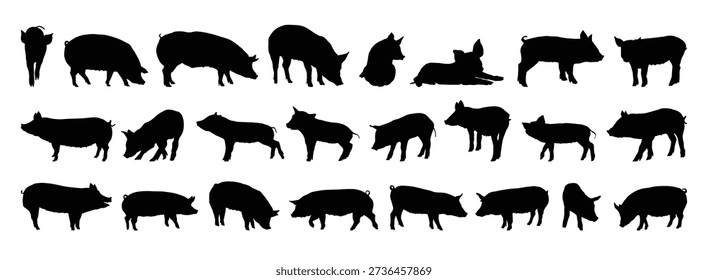 pig and piglet silhouette set. pig and piglet isolated farm animal silhouette icon vector collection. Vector illustration