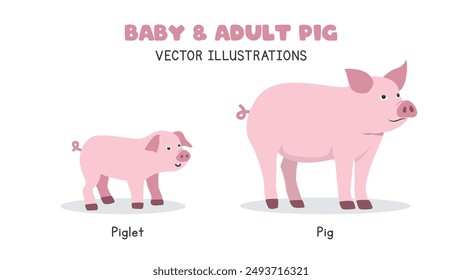 Pig and piglet vector illustrations. Cute pink adult and baby pig cartoon clipart in flat style. Pet animals, farm animals concept