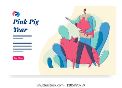 Pig in pink and blue color. Mixcolor illustration