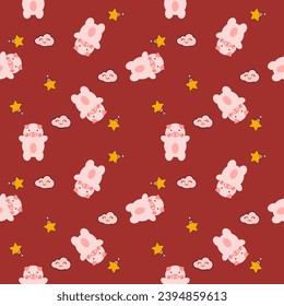 Pig pink cartoon so cute. On star cloud red background. Pattern seamless vector illustration. 

