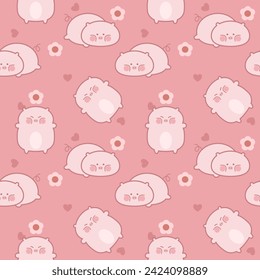 Pig pink cartoon so cute. On flower heart pink background. Pattern seamless vector illustration. 
