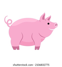 Pig. Pink fat pig on a white background. Cute animal in a flat style. Children's illustration. Vector illustration