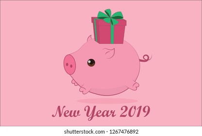 Pig Pink with Gift Box in Pink Background vector