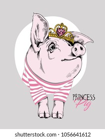 Pig in a pink striped cardigan and with a Princess Crown. Vector illustration.