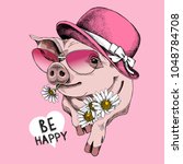 Pig in a pink sunglasses and in a women's hat with a Chamomile. Vector illustration.