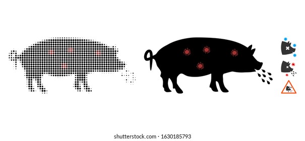 Pig plague halftone vector icon and solid version. Illustration style is dotted iconic Pig plague icon symbol on a white background. Halftone matrix is circle elements. Some bonus pictograms.