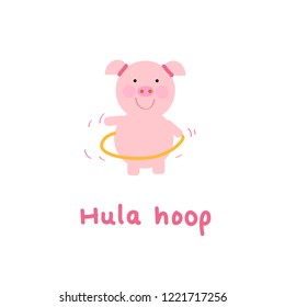 Pig playing hula hoop .Cartoon vector illustration.