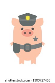A pig is a policeman. A pig in the uniform of a policeman with a hat and a badge. Cartoon, vector