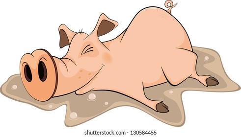 Pig and a pool. Cartoon