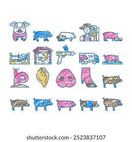 Schwein Schweinefleisch Farm doodle Icons Set Vektor. Skizze Linie Kunst Tier Ferkel, Schwein Schwein, Grafik, Vieh, Hausschwanz, niedlich, Hand, Schwein Schwein Schweinefleisch Bauernhof Farbe Illustrationen