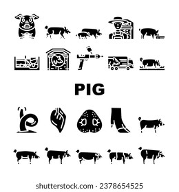 pig pork farm icons set vector. animal piglet, hog swine, graphic,livestock, domestic bacon, cute, hand, boar pig pork farm glyph pictogram Illustrations