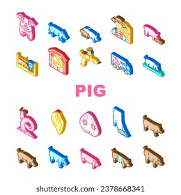 pig pork farm icons set vector. animal piglet, hog swine, graphic,livestock, domestic bacon, cute, hand, boar pig pork farm isometric sign illustrations