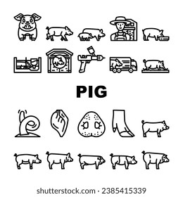 pig pork farm icons set vector. animal piglet, hog swine, graphic,livestock, domestic bacon, cute, hand, boar pig pork farm black contour illustrations