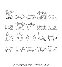 pig pork farm icons set vector. animal piglet, hog swine, graphic,livestock, domestic bacon, cute, hand, boar pig pork farm black contour illustrations