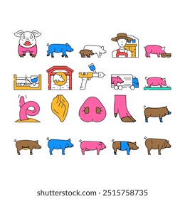 Schweinefleisch Bauernhof Icons Set Vektor. Ferkel, Schwein, Grafik, Vieh, Speck, niedlich, Hand, Schwein Schwein Farm Farbe Kontur Illustrationen