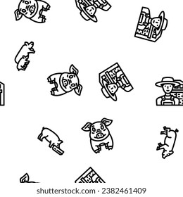 pig pork farm vector seamless pattern thin line illustration