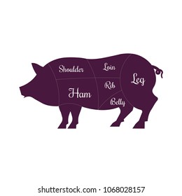Pig pork meat cuts butcher vector icon