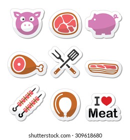 Pig, pork meat - ham and bacon labels icons set 