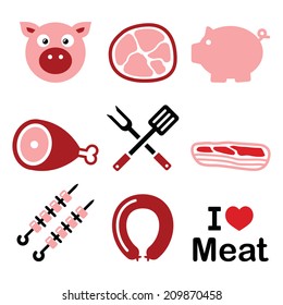 Pig, pork meat - pink ham and bacon icons set   