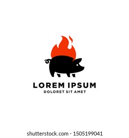 Pig , Pork On Red Fire Flame Mascot Logo Icon Template Suitable For Bbq Grill Restaurant And Cafe Food Business