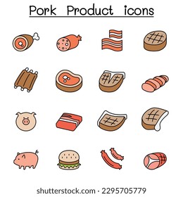 Pig and Pork Product color line icon set