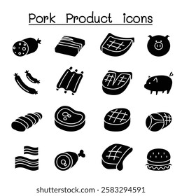 Pig and Pork Product icon set in glyph style