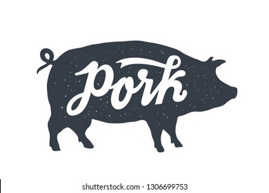 Pig, pork. Vintage lettering, retro print, poster for Butchery meat shop, pig silhouette with lettering text Pork. Isolated black silhouette pig for meat business, meat shop. Vector Illustration