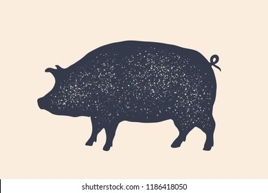 Pig, pork. Vintage logo, retro print, poster for Butchery meat shop, pig silhouette. Logo template for meat business, meat shop. Isolated black silhouette pig on white background. Vector Illustration