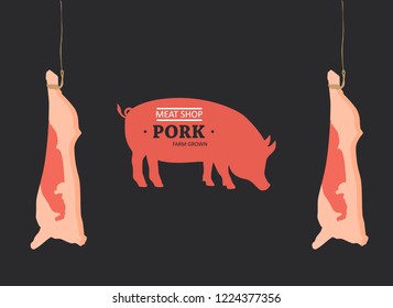 Pig, pork. Vintage logo, retro print, poster for Butchery meat shop with text, typography Pork, Meat Shop, Farm Grown, pig silhouette. Farmers market and shop. Vector Illustration