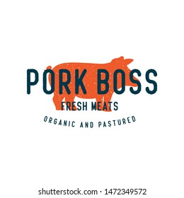 Pig, pork. Vintage logo, retro print, poster for Butchery meat shop with text, typography Pork, Meat Shop, Farm Grown, pig silhouette. Logo template for meat business, farmer shop. Vector Illustration