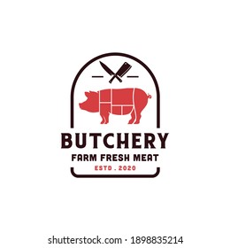 Pig, pork. Vintage, retro for Butchery, typography Pork, pig silhouette logo design graphic vector